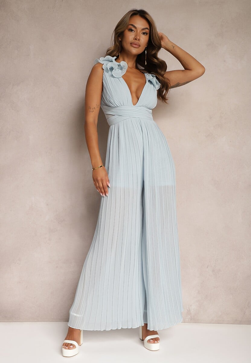 Biały Taliowany Koktajlowy Kombinezon z Szerokimi Nogawkami Ozdobiony Falbanami Gealfrea