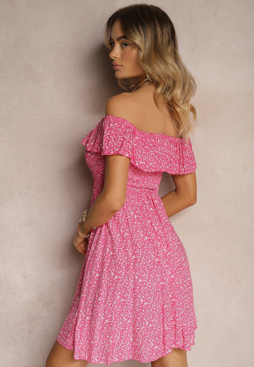 Fuksjowa Kwiecista Sukienka Hiszpanka z Bawełny z Gumką w Pasie Nevima