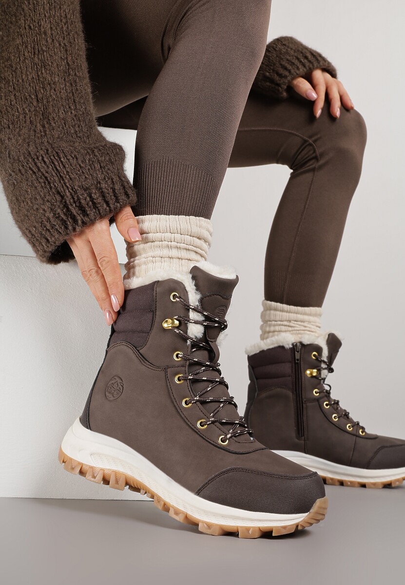 Ciemnobrązowe Botki Trekkingowe na Platformie ze Sznurowaniem Labrinna