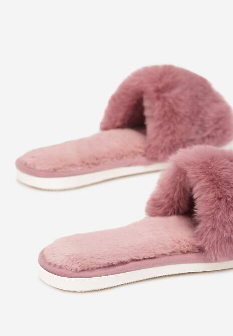 Różowe Kapcie Futrzane z Szerokim Paskiem Iphandras