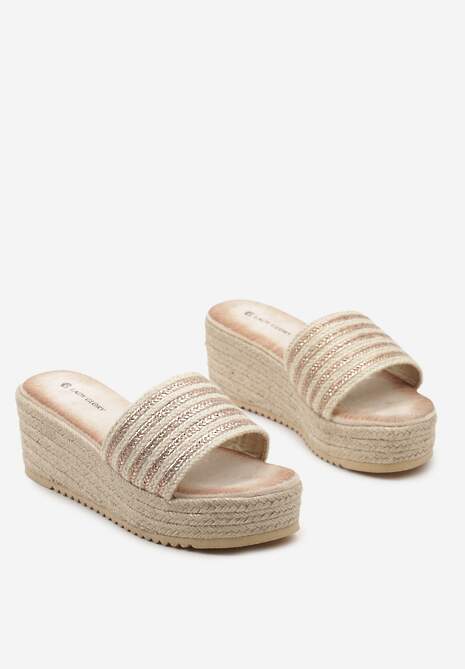 Szampańskie Klapki z Wyściółką z Ekozamszu na Koturnie Ozdobionym Plecionką  Fitesa