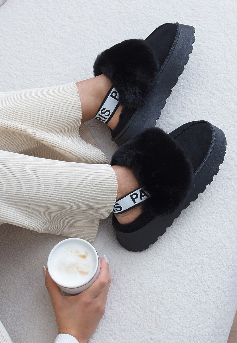 Brązowe Kapcie na Platformie Ozdobione Futerkiem i z Gumką Przy Pięcie Titanra