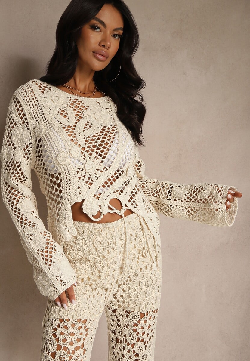 Beżowa Bawełniana Bluzka z Ażurowym Motywem Halindrea