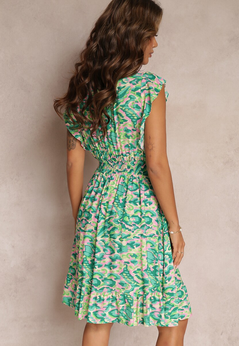 Jasnozielona Sukienka z Falbanką i Kopertowym Dekoltem Leanah