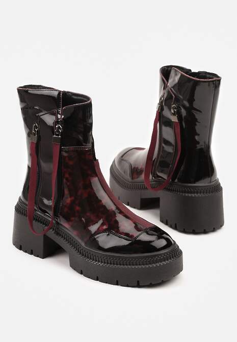 Czarno-Bordowe Botki Lakierowane Vices Ozdobione Tasiemką Rotine