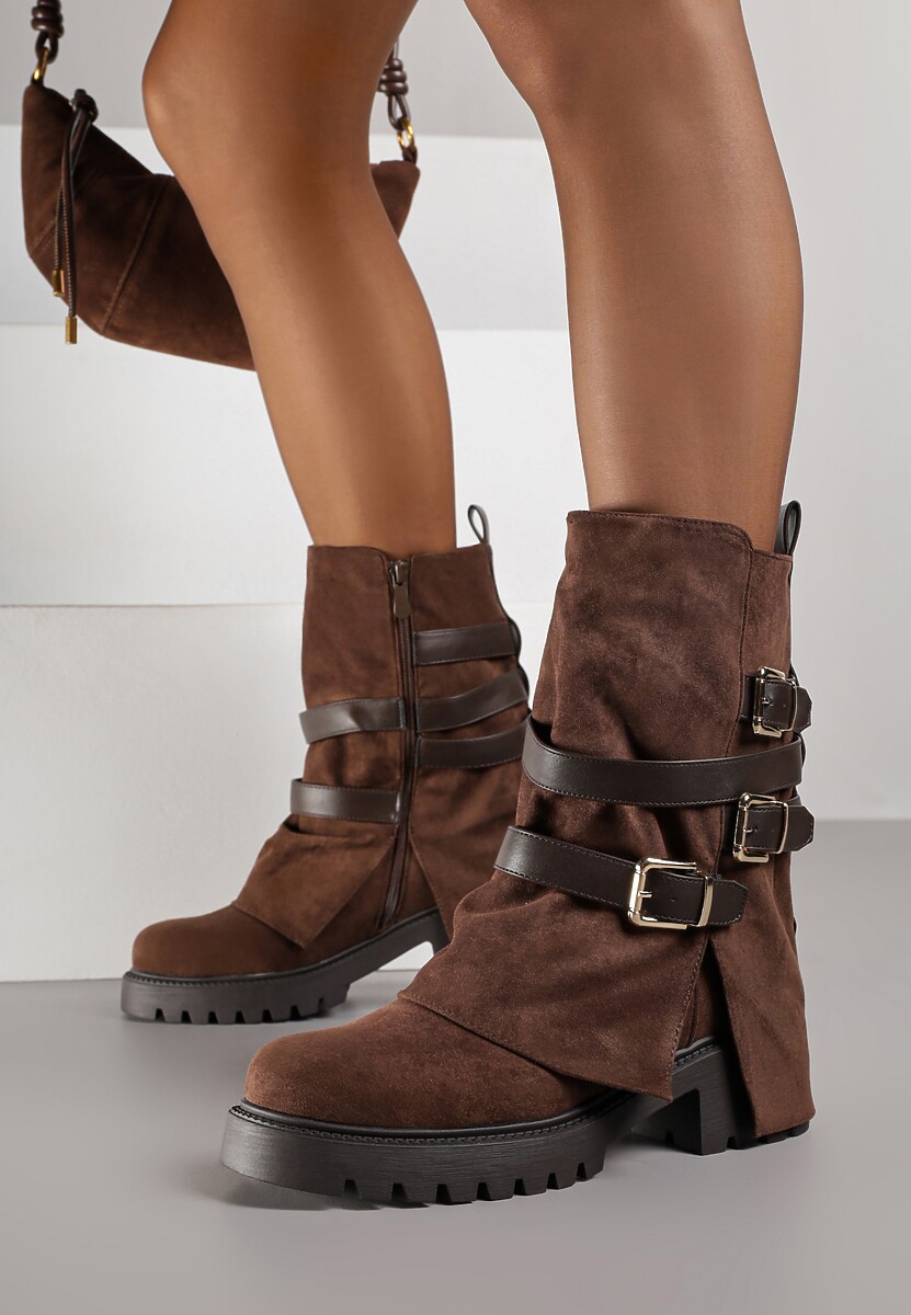 Brązowe Botki Bikery Ozdobione Klamrami i Wywiniętą Cholewką Seride