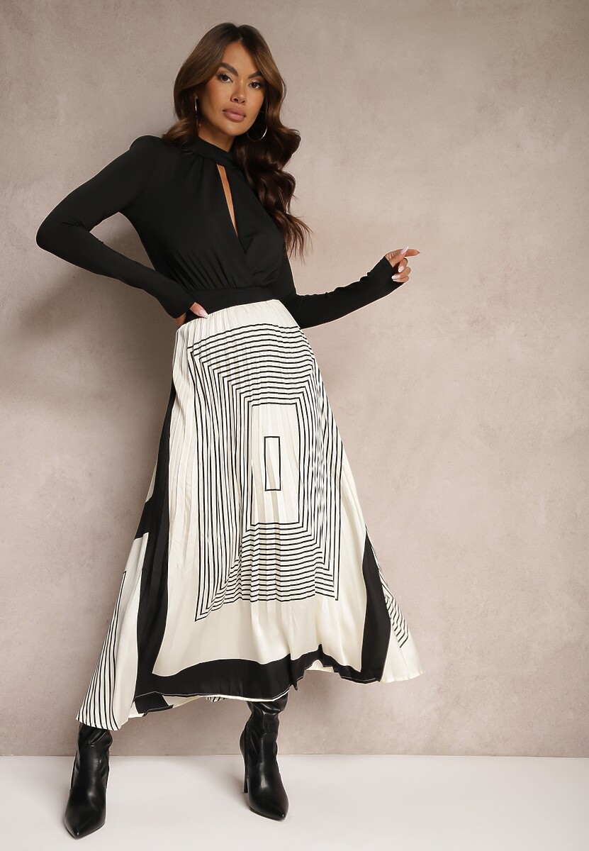 Beżowo-Czarna Plisowana Spódnica z Gumką w Pasie Ozdobiona Geometrycznym Wzorem Jenessia