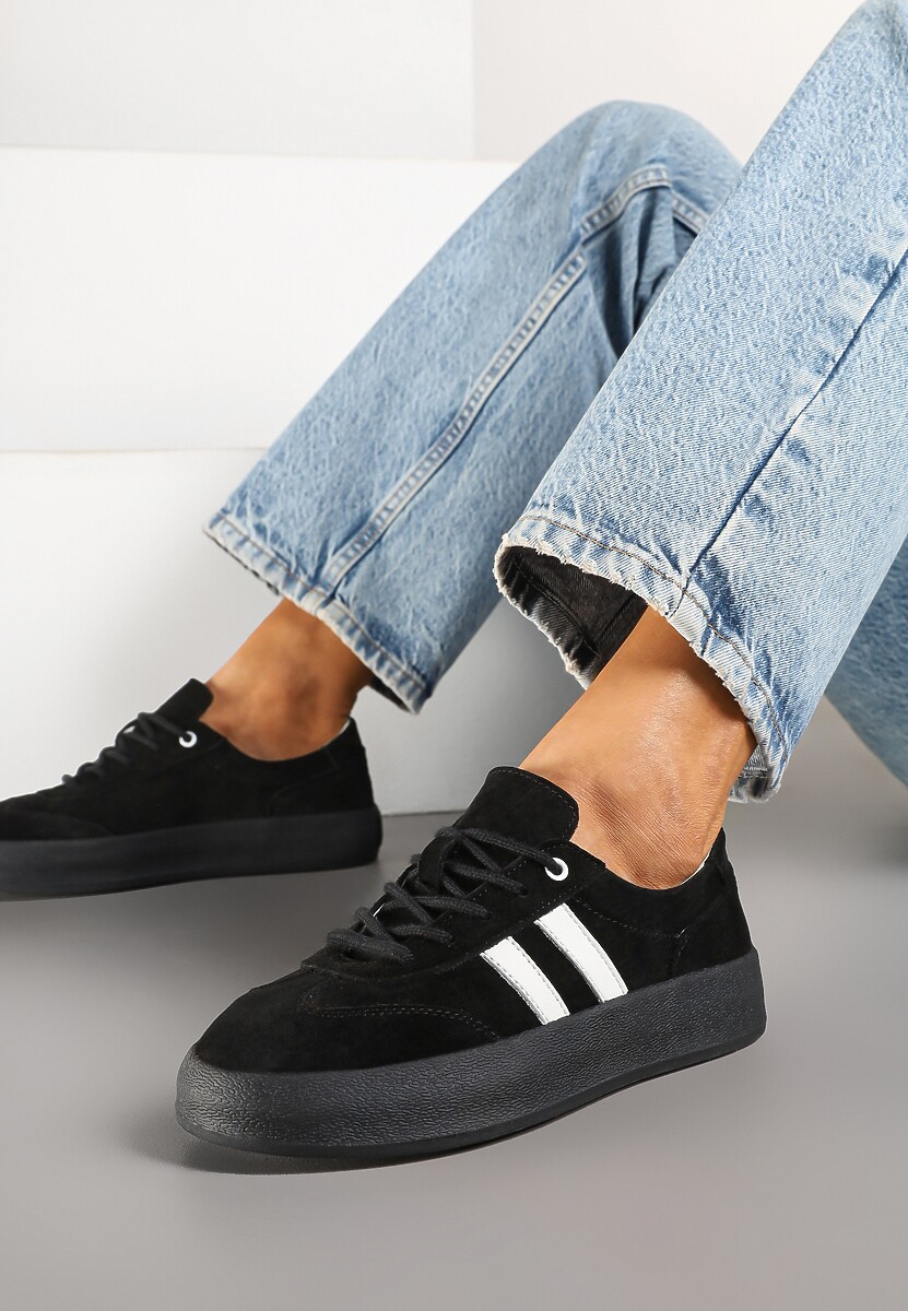 Czarne Sneakersy Klasyczne Tenisówki ze Skóry Naturalnej Alotia