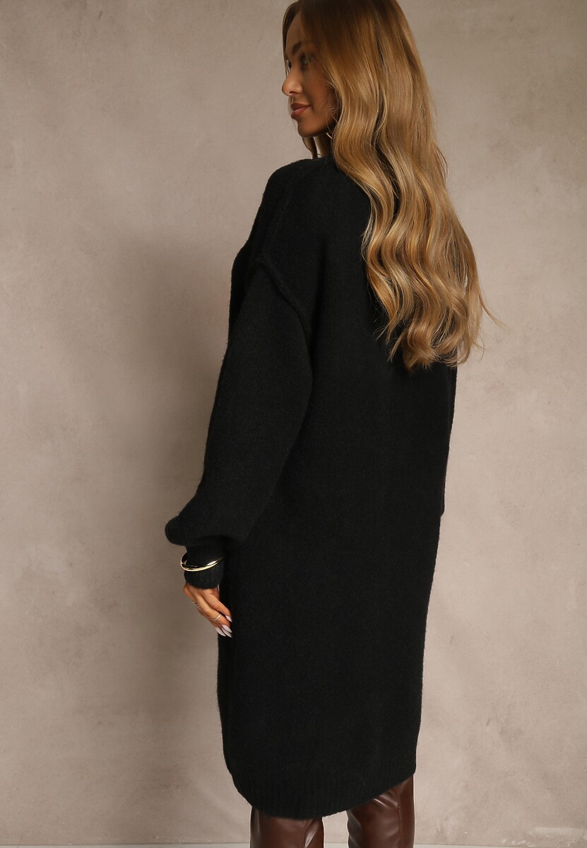 Czarna Dzianinowa Sukienka z Dodatkiem Wełny o Pudełkowym Kroju Nesava