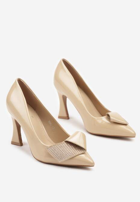 Beżowe Czółenka na Obcasie Typu Klepsydra Zdobione Aplikacją z Cyrkoniami Rialese
