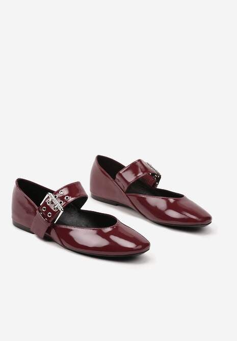 Bordowe Lakierowane Balerinki z Paskiem Zapinanym na Dużą Klamrę Tastia
