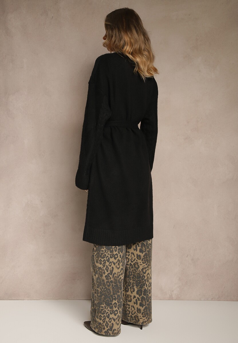 Czarny Tłoczony Kardigan z Wełną o Kroju Bez Zapięć z Paskiem Dorrive