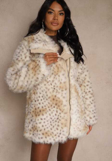 Beżowa Zasuwana Kurtka Futerko z Szerokim Kołnierzem Mevisena