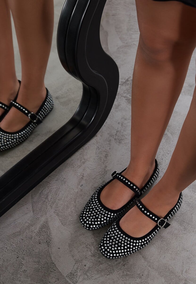 Czarne Balerinki na Płaskiej Podeszwie Mary Jane z Cyrkoniami Jomelia