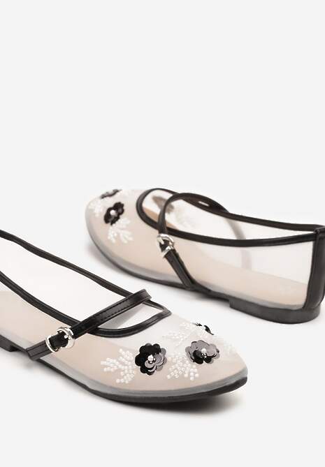 Czarne Balerinki Transparentne w Stylu Mary Jane z Kwiatowymi Zdobieniami Nelritia