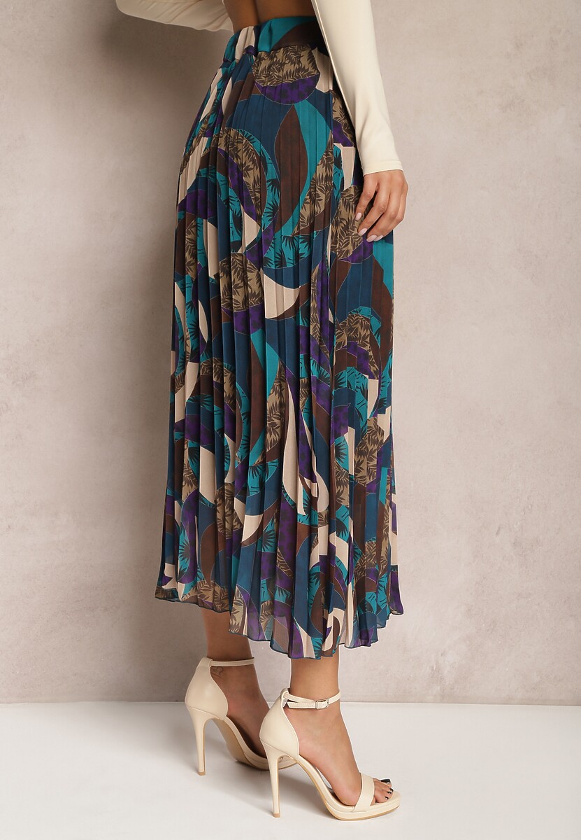 Fioletowo-Niebieska Długa Spódnica Plisowana w Abstrakcyjny Malarski Wzór Ariamitta