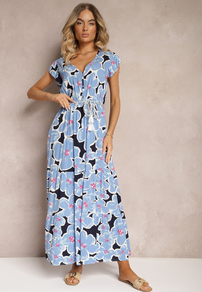 Niebieska Kwiecista Sukienka z Wiskozy z Gumką w Talii Wiązana Materiałowym Paskiem Vikennia