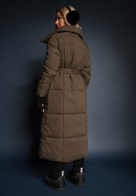 Ciemnozielona Długa Kurtka Pikowana Płaszcz z Paskiem Adellesstta