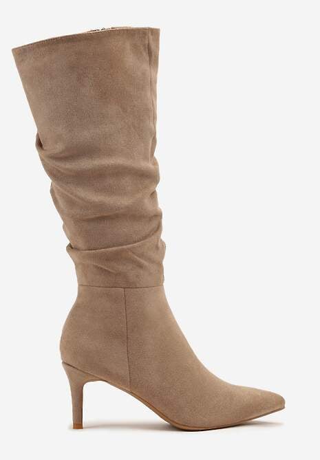 Ciemnobeżowe Marszczone Kozaki z Imitacji Zamszu na Obcasie Typu Szpilka Rilavira