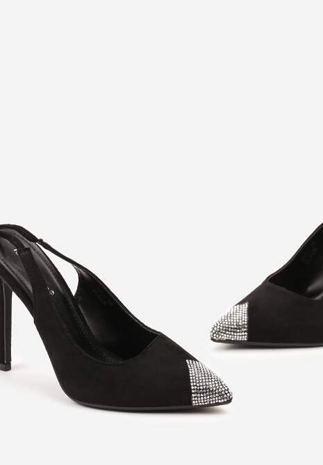 Czarne Sandały z Noskiem Ozdobionym Cyrkoniami i Wiązaniem wokół Łydki na Szpilce Hlienoma