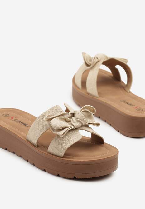 Jasnobeżowe Klapki na Grubej Podeszwie Ozdobione Kokardą Raviselli