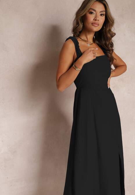 Czarna Rozkloszowana Sukienka Bawełniana z Kwadratowym Dekoltem Trenna