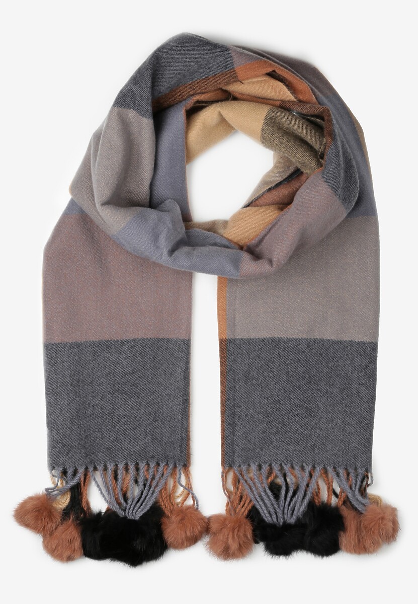 Brązowy Szalik w Szeroką Kratę z Pomponami Voso