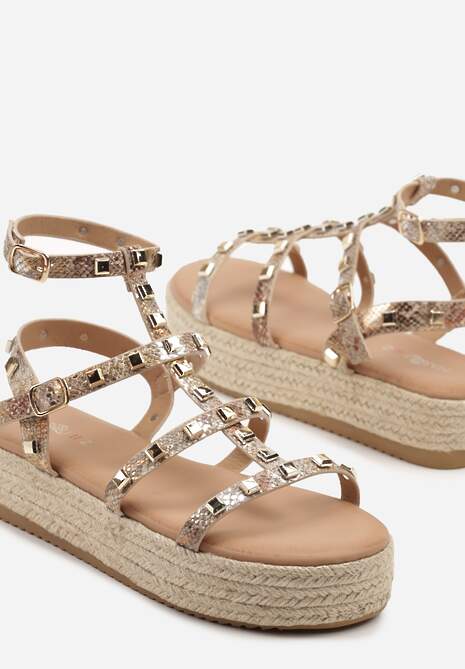 Złote Wężowe Sandały w Stylu Gladiatorek na Grubej Podeszwie z Plecionki Sonalisa