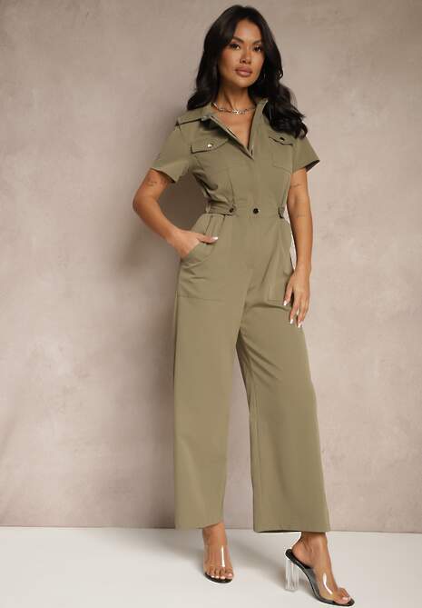 Ciemnozielony Kombinezon Wide Leg z Kołnierzykiem Suwakiem i Krótkim Rękawem Jenaralitia