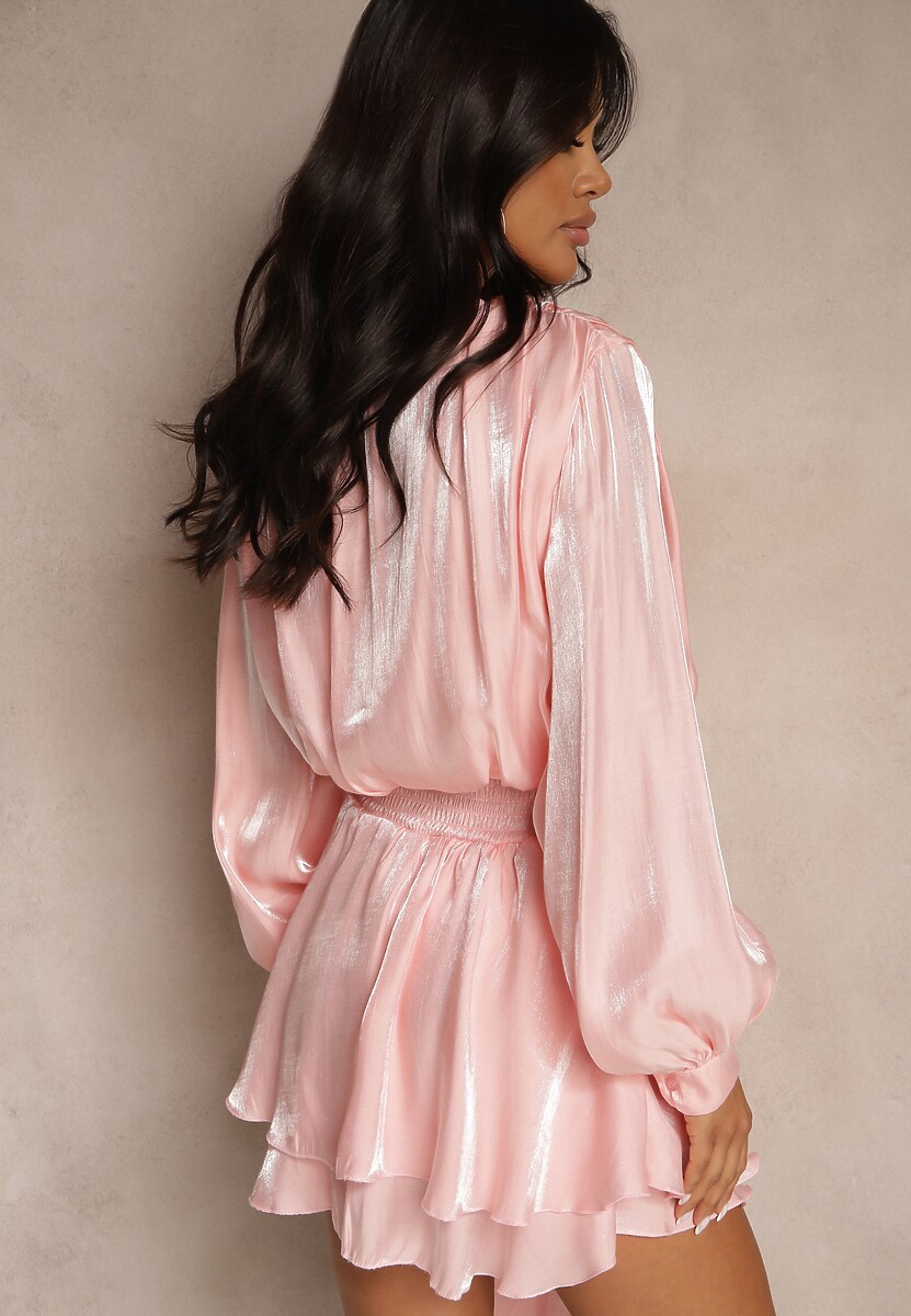 Różowa Sukienka z Wiskozy z Falbanką i Wiązaniem Finlio