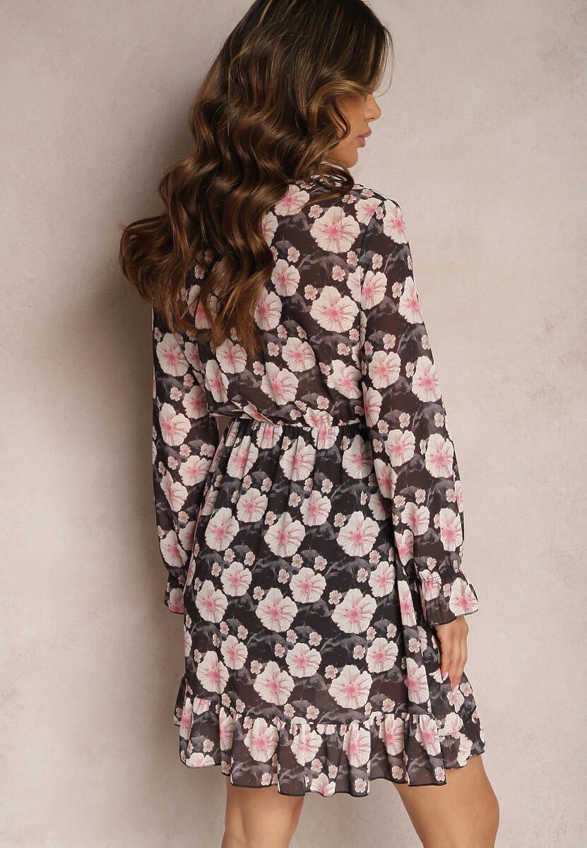 Czarna Krótka Sukienka w Kwiatowy Wzór z Dekoltem V Icarba