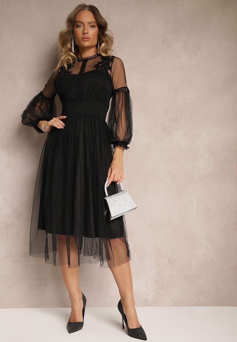 Czarna Tiulowa Sukienka Rozkloszowana z Koronką Nirthe
