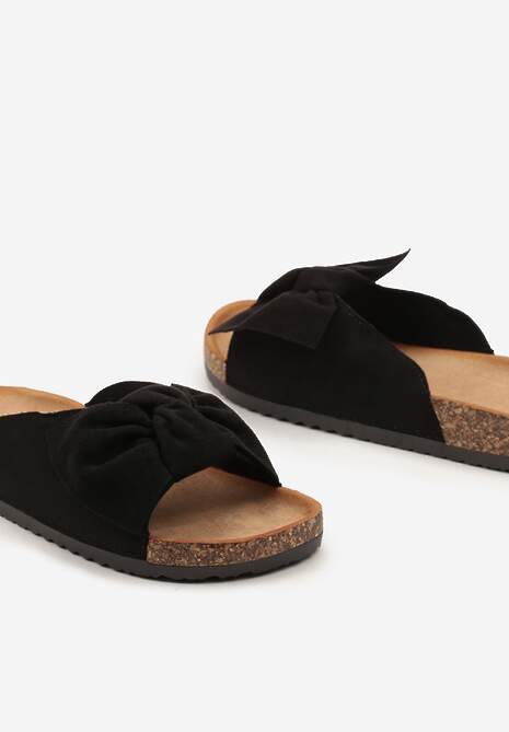Czarne Klapki z Imitacji Zamszu z Kokardką i Podeszwą z Korkową Wstawką Riopella
