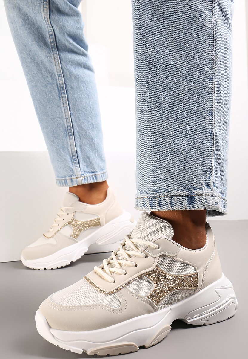 Beżowe Sneakersy na Grubej Podeszwie z Brokatowymi Wstawkami Adilah