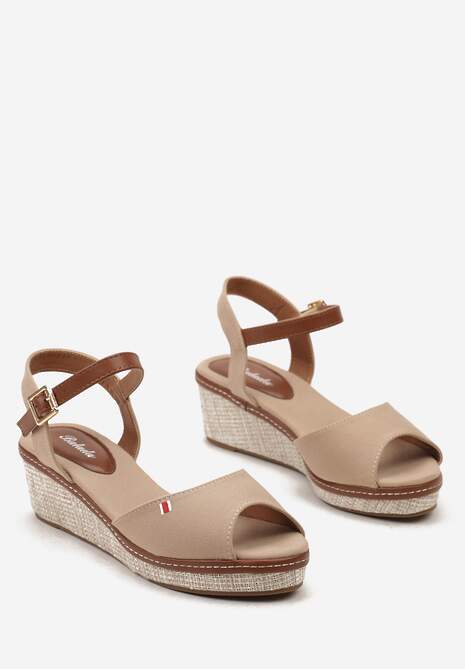 Ciemnobeżowe Casualowe Sandały Espadryle na Koturnie z Plecionką Zapinane Wokół Kostki Persephia