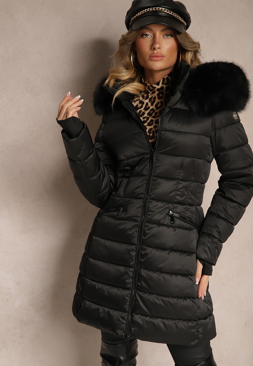 Czarna Kurtka z Odpinanym Futerkiem Taliowana o Długim Fasonie Delavira