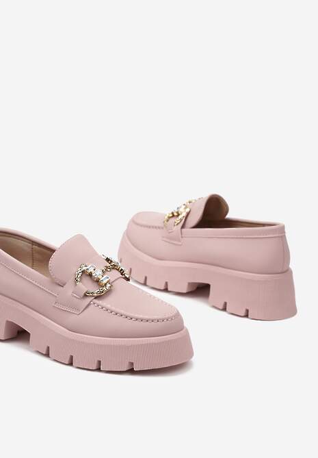 Różowe Mokasyny z Grubą Podeszwą w Kolorze Cholewki z Klamrą Rosarose