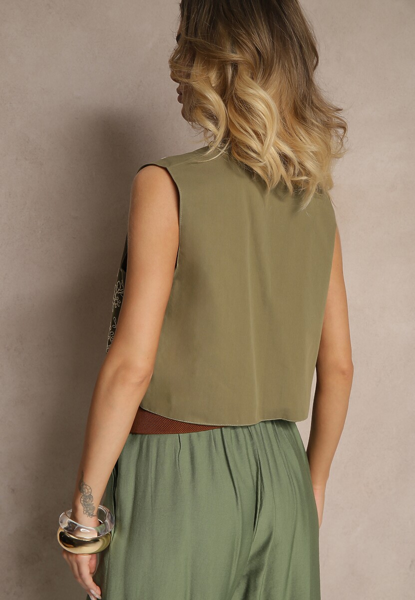 Ciemnozielona Bawełniana Kamizelka z Haftowanym Wzorem Lisadora