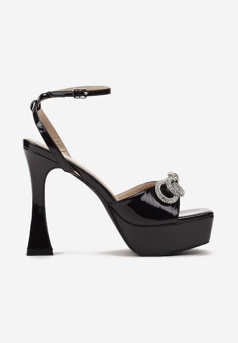 Czarne Sandały na Platformie i Szpilce z Kokardą z Cyrkoniami i Sprzączką Vlenikke