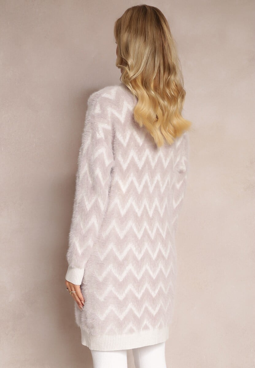 Fioletowy Niezapinany Kardigan o Przedłużonym Fasonie w Zygzaki Chevron Oherna