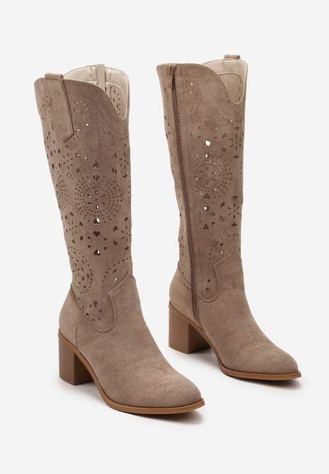 Ciemnobeżowe Ażurowe Kozaki w Stylu Boho na Słupku z Wkładką z Naturalnej Skóry Idracasa