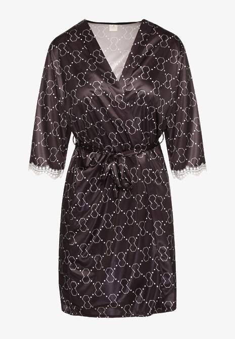 Czarny Komplet Piżamowy z Koronki Koszula na Cienkich Ramiączkach Szlafrok z Paskiem Bredefia