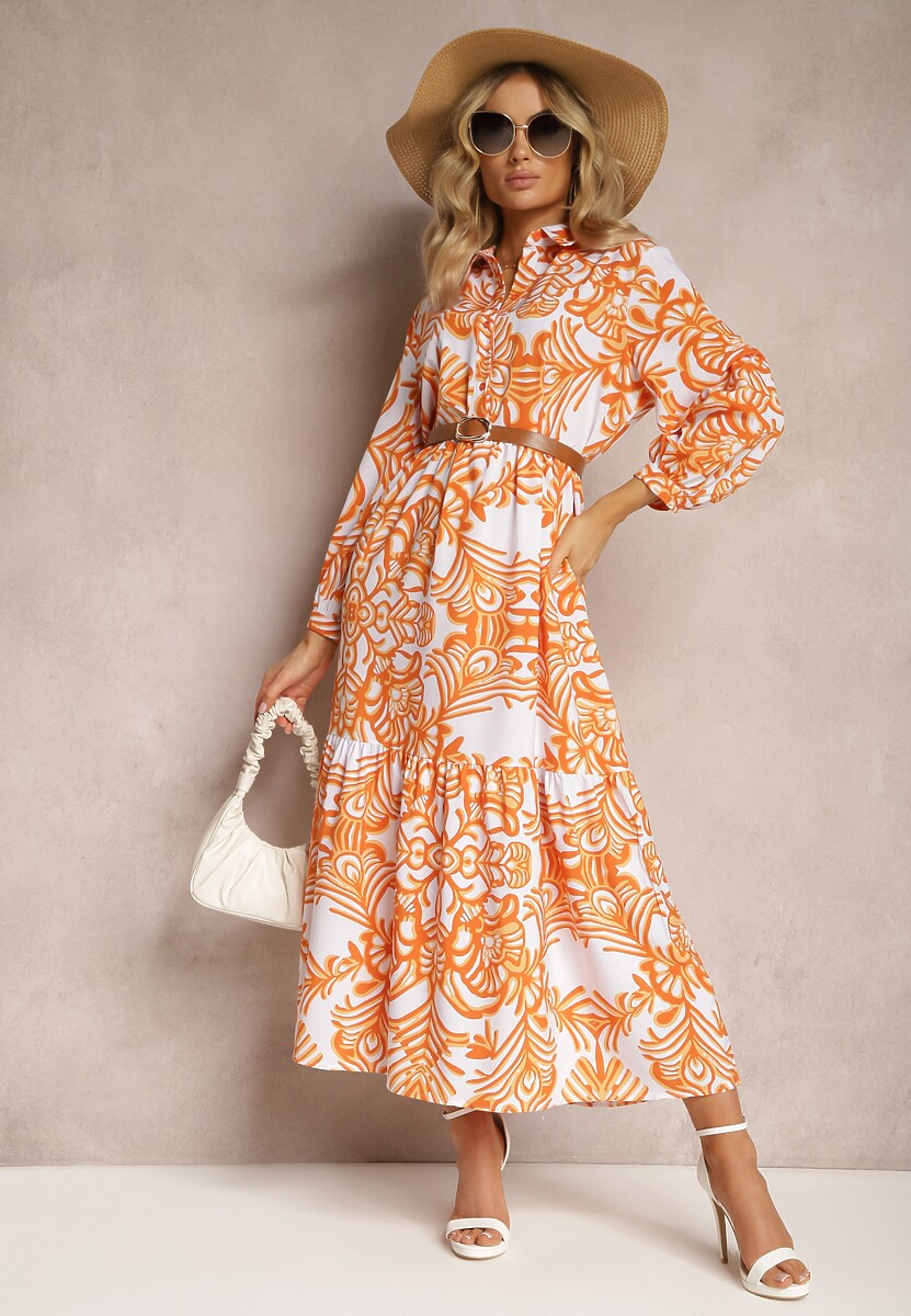 Pomarańczowa Rozkloszowana Sukienka Długa z Falbanką w Ornamentalny Print Naraoda