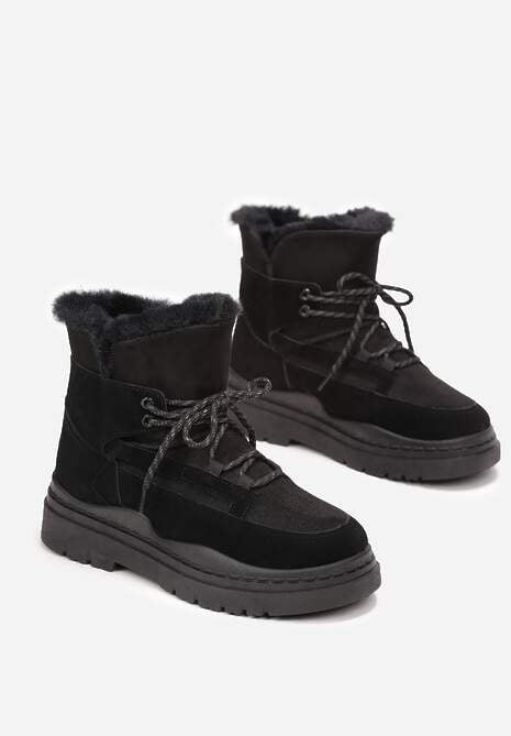 Czarne Śniegowce na Platformie z Dekoracyjnym Wiązaniem i Futerkiem Cynra