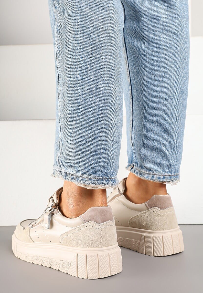 Beżowe Sneakersy ze Skóry Naturalnej z Ozdobnym Suwakiem Tilliraya