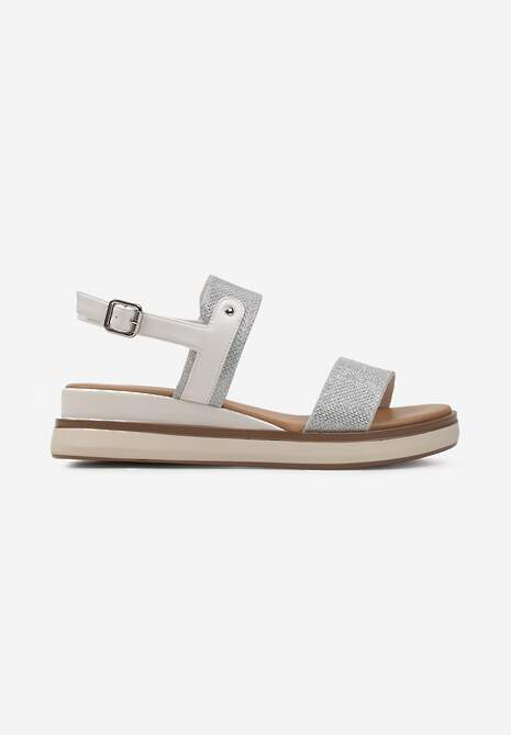 Srebrno-Białe Brokatowe Płaskie Sandały Zapinane Wokół Kostki na Sprzączkę Bellisara