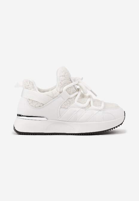 Białe Sneakersy Zimowe z Futerkiem Barankiem na Niskiej Platformie Zinethia