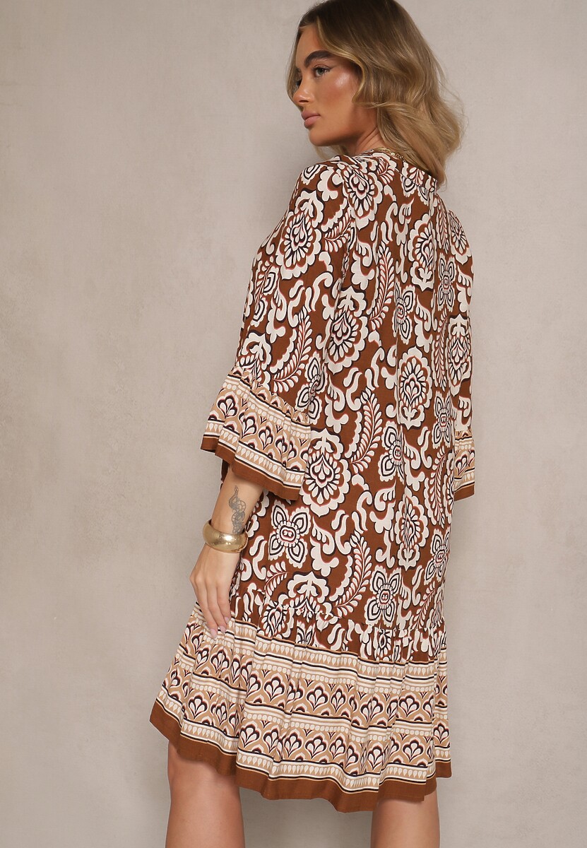 Brązowa Rozkloszowana Sukienka z Wiskozy o Koszulowym Kroju w Kwiatowy Print Frolsemi