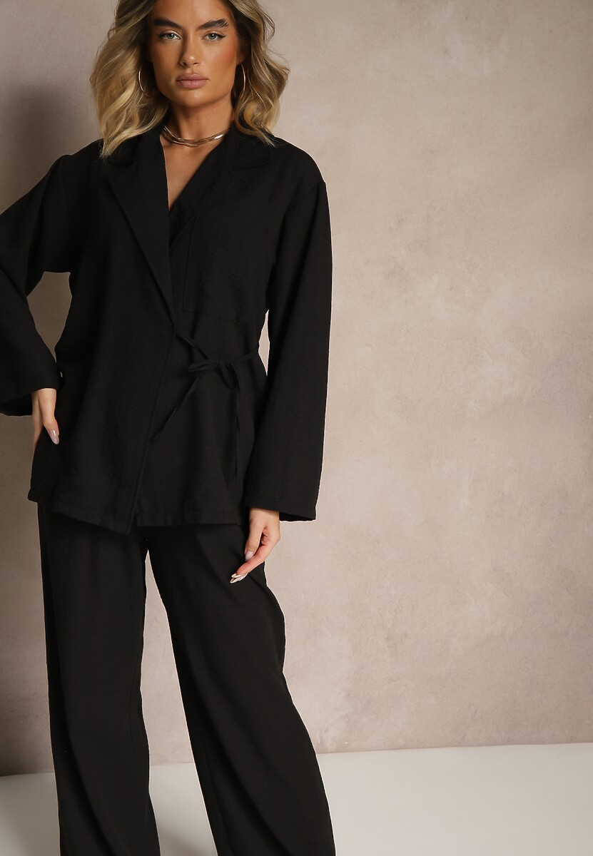 Czarny Komplet Marynarka z Wiązaniem i Szerokie Spodnie Novalissa