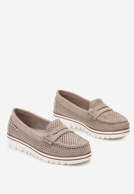 Beżowe Ażurowe Mokasyny Casual z Wkładką ze Skóry Naturalnej  Marra